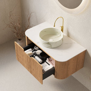 English Elm Dina Floating Bathroom Vanity Sintered Stone Top Glass Basin Striped Plywood Cabinet W2615S00441