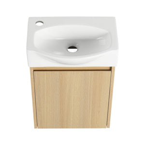 English Elm 16" Bathroom Vanity Sink Combo for Small Spaces — Compact Engineered Wood Cabinet with Ceramic Basin, Moisture-Resistant Finish and Hidden Handle, Easy Assembly Oak W1972P190339