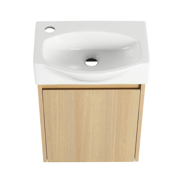 English Elm 16" Bathroom Vanity Sink Combo for Small Spaces — Compact Engineered Wood Cabinet with Ceramic Basin, Moisture-Resistant Finish and Hidden Handle, Easy Assembly Oak W1972P190339