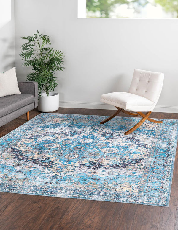 Unique Loom Mangata Mary Machine Made Border Rug Blue, Blue/Black/Beige/Ivory/Gray/Navy Blue/Peach/Turquoise 7' 10" x 7' 10"