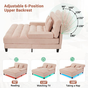 English Elm Modern Chaise Lounge Sofa with Adjustable 6-Position Backrest and App-Controlled RGB LED Lighting, Plush Chenille Upholstery Pink N719P330968P