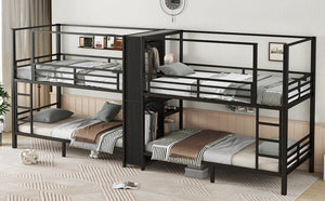 English Elm Twin Quadruple Metal Bunk Bed with Central Closet, Shelves & Wardrobe for Space-Saving Dormitory Living Black W1580S00154