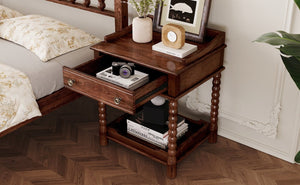 English Elm Retro Bedside Nightstand with Turned Rubberwood Legs Open Shelf and Drawer Storage Walnut N733P206240D