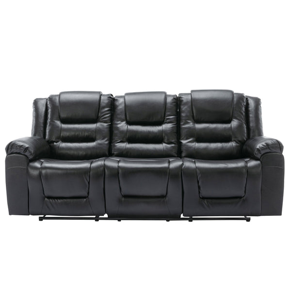 English Elm 3 Seater Home Theater Recliner with Dual Cup Holders PU Leather Comfort, Manual Infinite Recline, 350lb Capacity Black WF323620AAB
