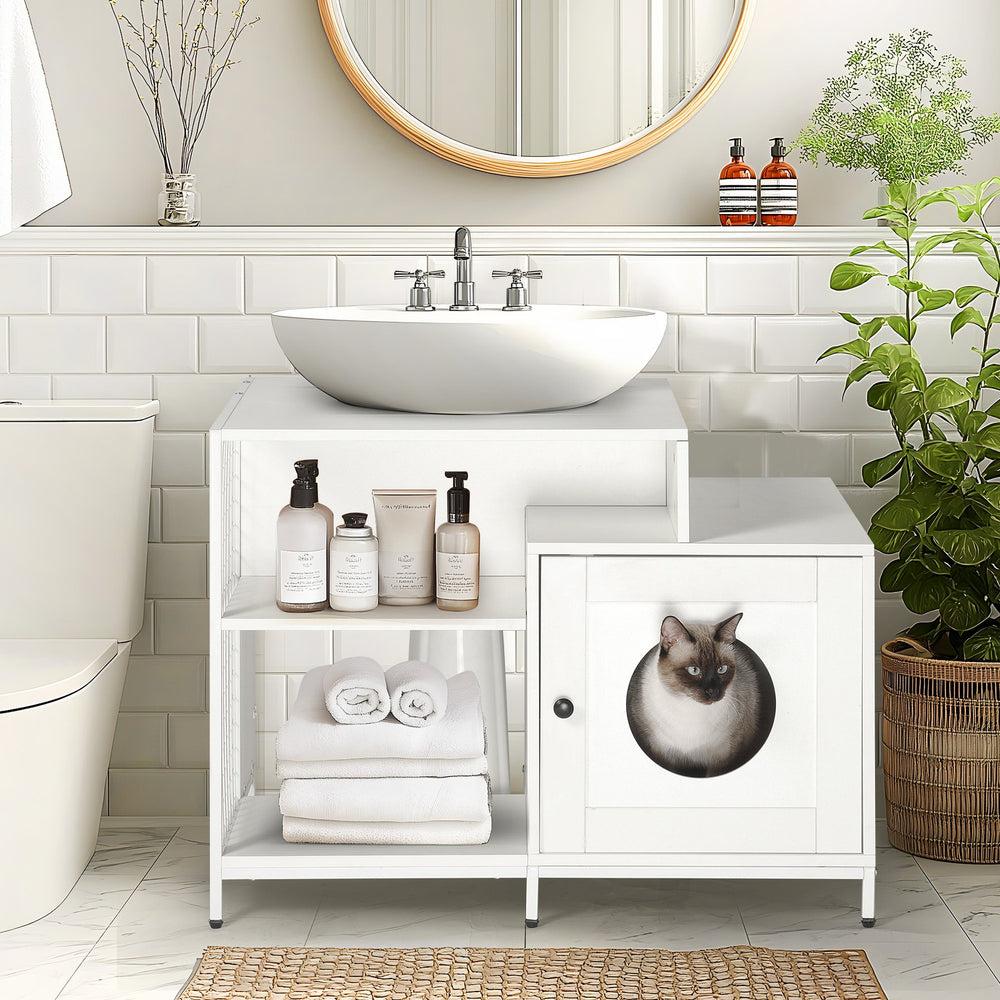 English Elm Cat Litter Box Enclosure Under-Sink Cabinet for Bathroom with Divider, Ventilation & Storage White W1687P251061