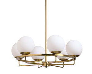Sunpan Eliora Modern Chandelier with 6 Frosted Glass Shades in Elegant Brass Finish – Stylish Lighting Upgrade!