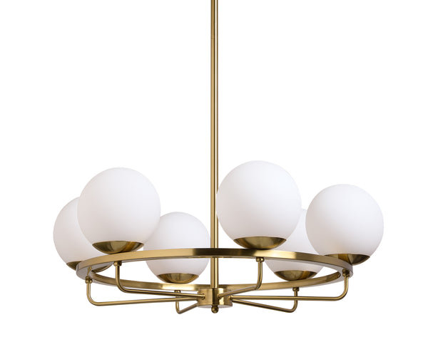 Sunpan Eliora Modern Chandelier with 6 Frosted Glass Shades in Elegant Brass Finish – Stylish Lighting Upgrade!