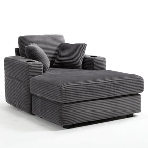 English Elm [New]Corduroy Upholstered Chaise Lounge Sofa with Detachable Cushions, Deep Seat, Cup Holders Grey W2120P322753