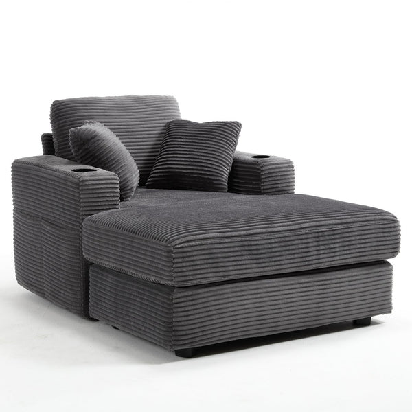 English Elm [New]Corduroy Upholstered Chaise Lounge Sofa with Detachable Cushions, Deep Seat, Cup Holders Grey W2120P322753