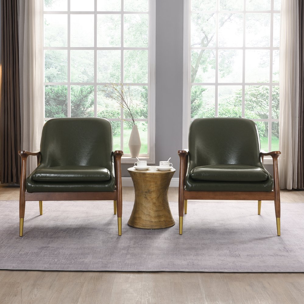 English Elm Christopher Knight Home® - [Set of 2] Mid-Century Faux Leather Accent Chair with Solid Wood Frame, Brass-Tipped Legs, Plush Cushions Green N767P205863G_2
