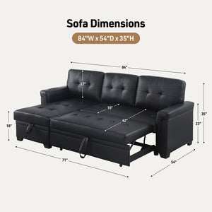 English Elm Lucca 84" Black Vegan Leather Reversible Sleeper Sectional with Storage Chaise, Pull-Out Bed Comfort B061S00936