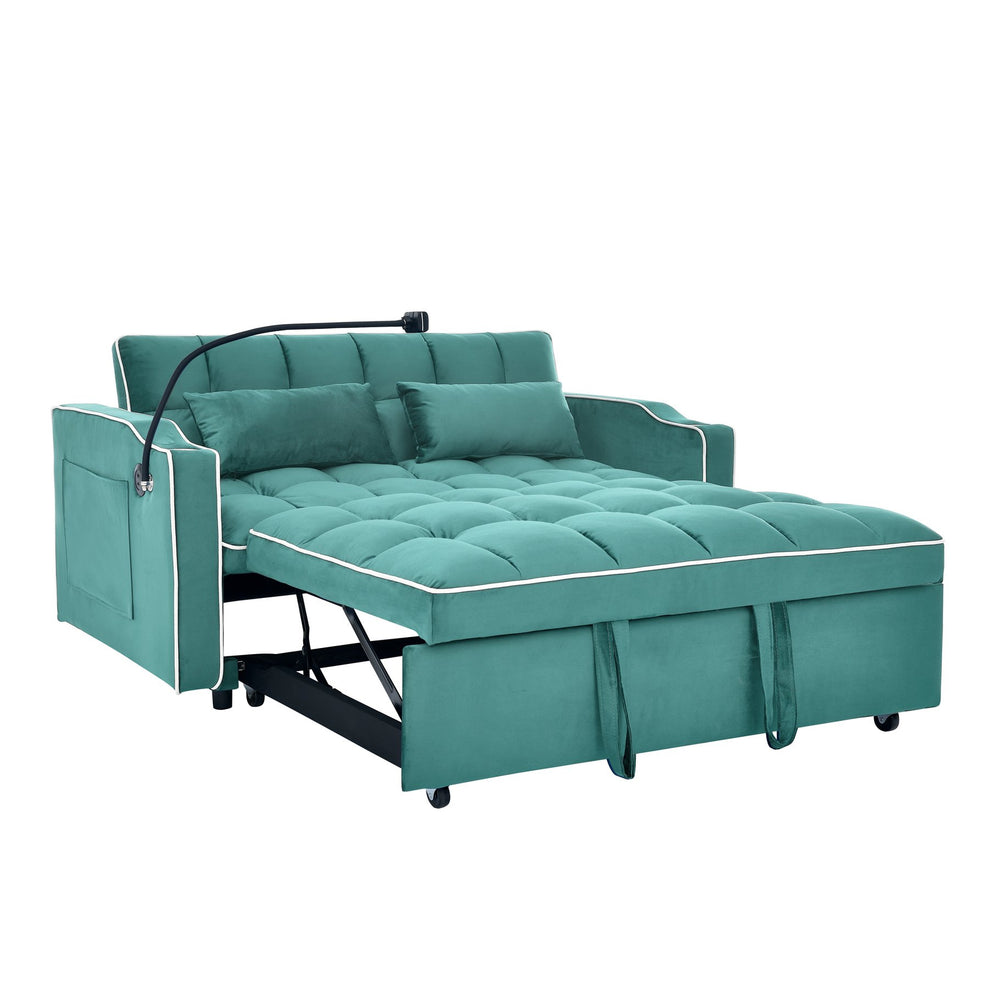 English Elm 55.51 versatile foldable sofa bed 3-lengths velvet loveseat to full bed with USB port, ashtray, swivel stand (Green) W2353P232226