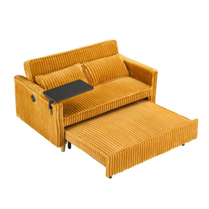 English Elm The pull-out corduroy sofa bed with convertible tabletop and USB charging ports for living room comfort Yellow W1278P248130