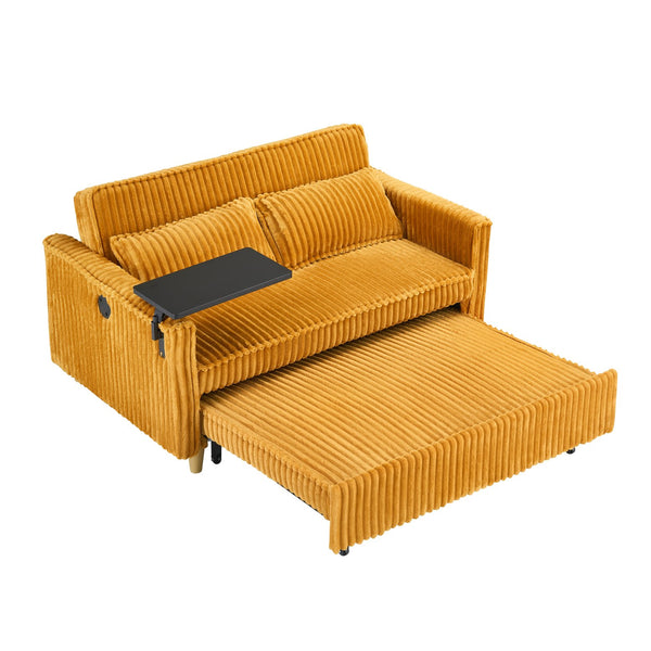 English Elm The pull-out corduroy sofa bed with convertible tabletop and USB charging ports for living room comfort Yellow W1278P248130