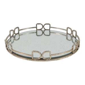 English Elm D16.1x2" Valentina Silver Round Mirror Tray — Distressed Openwork Frame, Speckled Glass, Luxe Decor_x0015_ W2078P391070