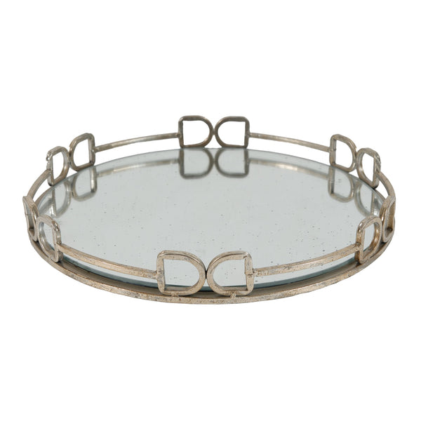 English Elm D16.1x2" Valentina Silver Round Mirror Tray — Distressed Openwork Frame, Speckled Glass, Luxe Decor_x0015_ W2078P391070