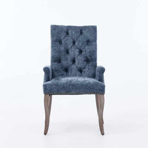 English Elm Upholstered Chenille Club Dining Chair Tufted High Back with Curved Solid Wood Legs Blue W1143P449346