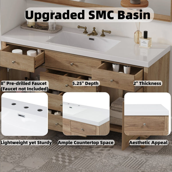 English Elm 60" Boutique Bathroom Vanity Rattan Doors Soft Close Drawers Smc Sink Pine Legs Natural Wood N817P397678N