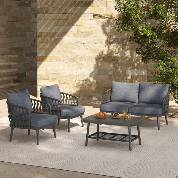 English Elm Christopher Knight Home® - 4-Piece Outdoor Patio Set with Woven Rope U-Back, Steel Frame, Thick Cushions & Acacia Table for Garden Black+Grey N780P209458G