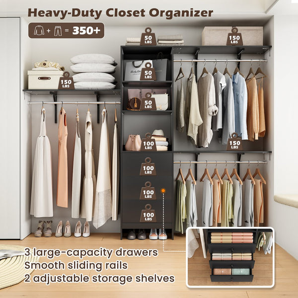 English Elm Closet Organizer - Versatile High-Capacity Rack With Drawers & Expandable Hanger Rods For Stylish Storage T3623P409115
