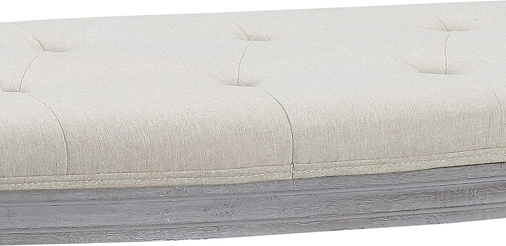 English Elm "Coastal Coastal Half-Crescent Button Tufted Bench, Light Beige Upholstery & Weathered Gray Wood Legs, Space-Saving Stylish Seating B347P339874