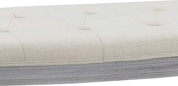 English Elm "Coastal Coastal Half-Crescent Button Tufted Bench, Light Beige Upholstery & Weathered Gray Wood Legs, Space-Saving Stylish Seating B347P339874