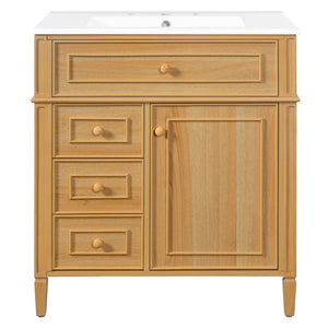 English Elm 30" Pine Wood Bathroom Vanity with Ceramic Sink Soft Close Drawers and Vintage Knobs N725P375498N