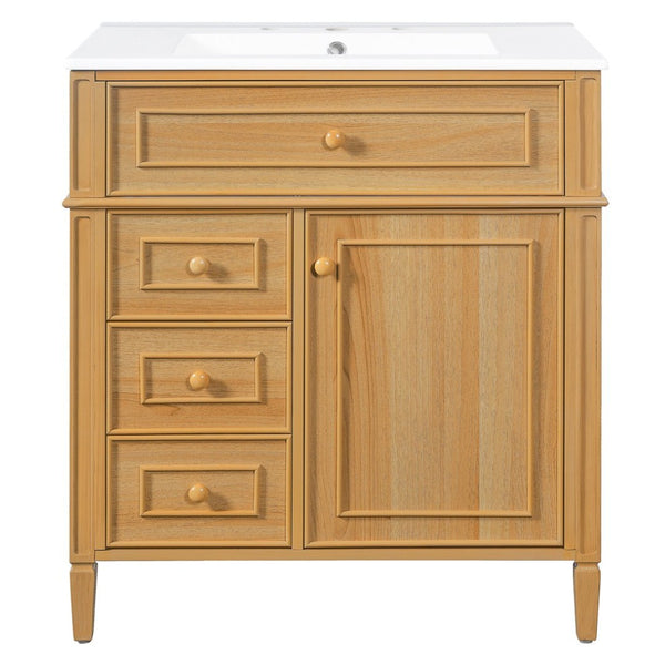English Elm 30" Pine Wood Bathroom Vanity with Ceramic Sink Soft Close Drawers and Vintage Knobs N725P375498N