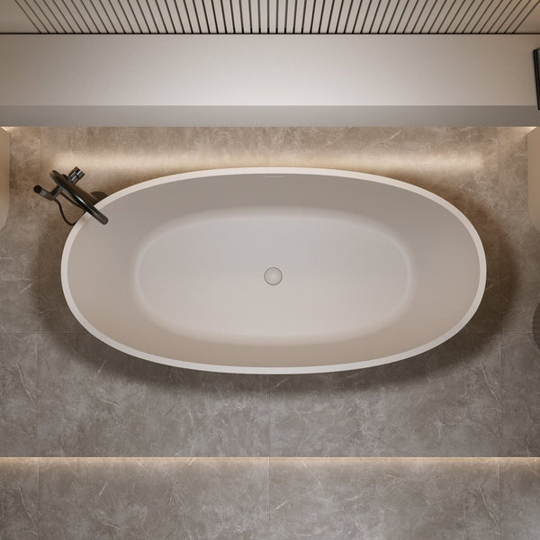 English Elm 55' 55 Inch Freestanding Stone Resin Soaking Tub Sculptural Oval Basin for Spa Bathrooms Beige W2753P415935
