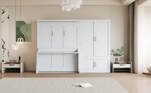 English Elm Queen Murphy Bed with Wardrobe Cabinet Hydraulic Lift Mdf Space Saving Wall Unit White LP000581AAK