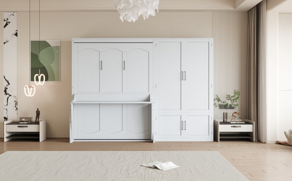 English Elm Queen Murphy Bed with Wardrobe Cabinet Hydraulic Lift Mdf Space Saving Wall Unit White LP000581AAK