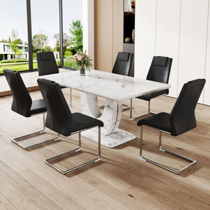 English Elm Table And Chair Set - Elegant Marble Pattern Mdf Dining Set With 6 Comfortable Black Pu Chairs W1151S02184-GIGA