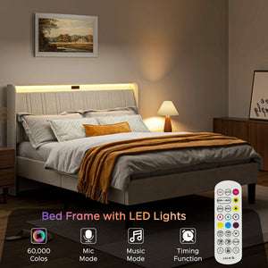 English Elm Queen Platform Bed Upholstered Headboard Wooden Slats Usb Charging Ports Bedroom W2889P272596