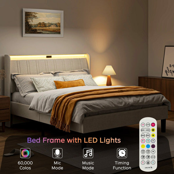 English Elm Queen Platform Bed Upholstered Headboard Wooden Slats Usb Charging Ports Bedroom W2889P272596