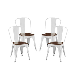 English Elm Set Of 4 Stylish High-Gloss White Metal Dining Chairs With Walnut Seats – Stackable, Easy-Clean Design B347P383066-GIGA