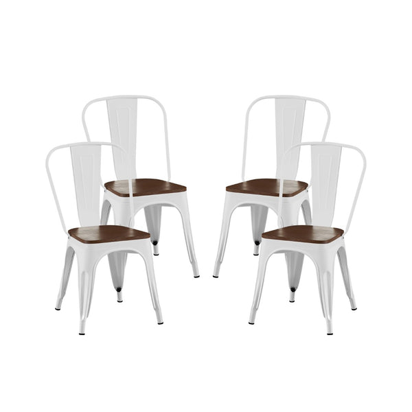 English Elm Set Of 4 Stylish High-Gloss White Metal Dining Chairs With Walnut Seats – Stackable, Easy-Clean Design B347P383066-GIGA