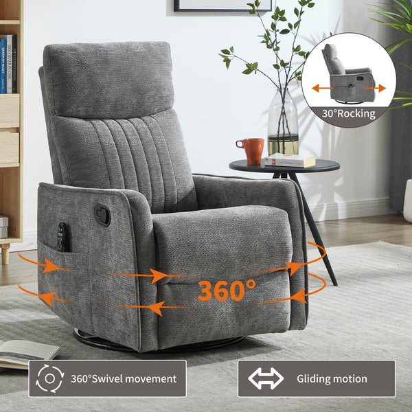 English Elm Blue Fabric Swivel Rocker Recliner with Massage Heat Nodes for Living Room Comfort Dark Gray W1803P321841
