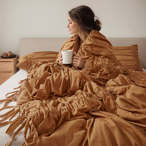 English Elm 2pcs Shabby Chic Ruched Comforter Set Bow Trim Brushed Polyester Fill Romantic Bedroom Brown B035P341088