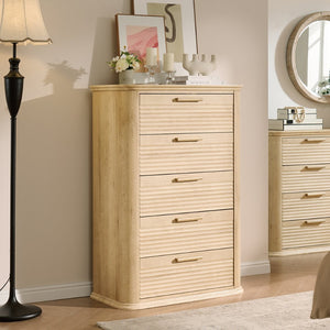English Elm 6 Drawer Tall Fluted Chest with Waveform Fronts Slim Wooden Storage for Modern Bedroom Oak T5326P425094