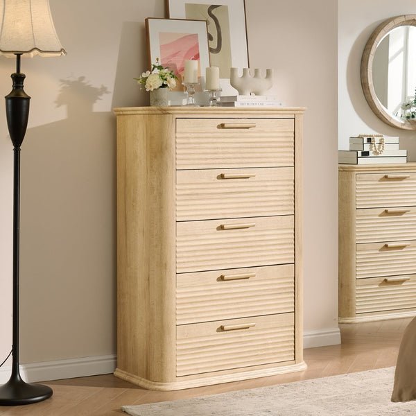 English Elm 6 Drawer Tall Fluted Chest with Waveform Fronts Slim Wooden Storage for Modern Bedroom Oak T5326P425094