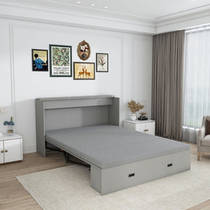 English Elm 57 Inch Murphy Bed Cabinet with Storage Drawers Charging Station and Rolling Casters Gray W509S00156
