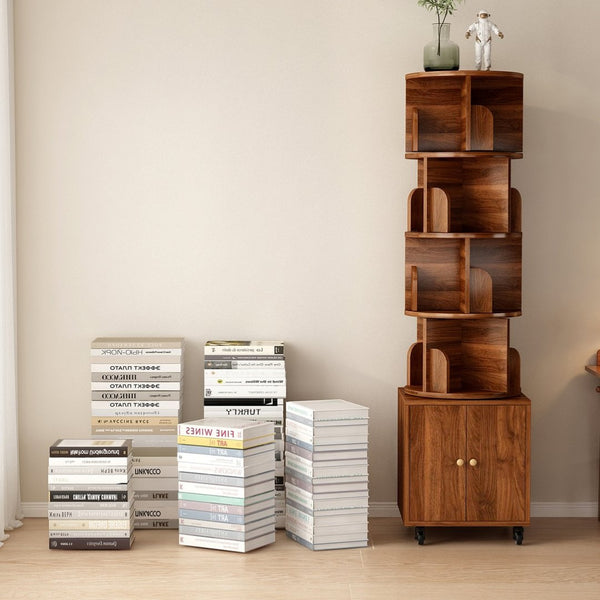 English Elm Rotating 360° Corner Bookshelf - 5-Tier Compact Storage Rack With Drawer For Small Spaces, Walnut W2641P329220-GIGA