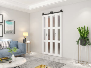 English Elm 30 in Matte Black Steel Sliding Barn Door Frosted Glass Privacy Panel with Hardware B2763P483212