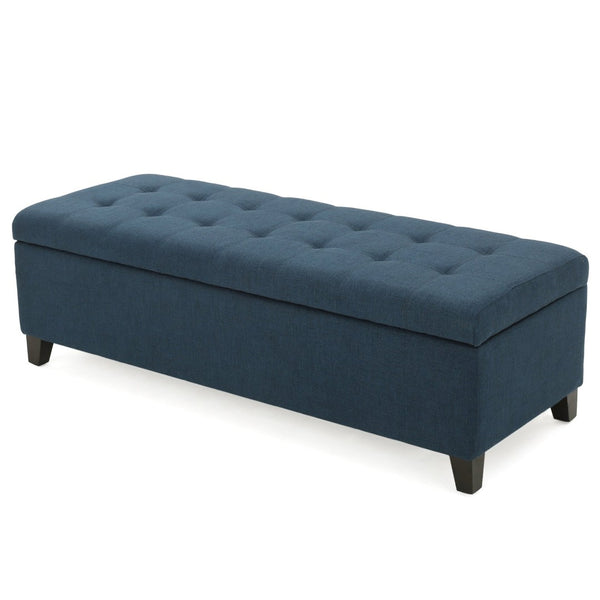English Elm Upholstered Boucle Storage Bench Soft Close Flip Top Rubberwood Legs Bedroom Entryway Navy Blue N779P395018N