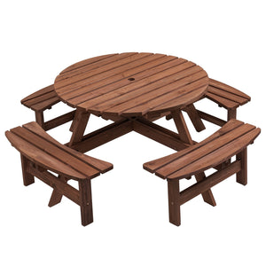 English Elm 8 Person Wooden Picnic Table with 4 Benches, Natural Outdoor Round Dining Set, 2220lb Total Capacity W1422P338263