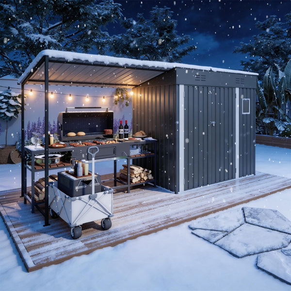 English Elm 12x4ft Steel Lean to Shed with Open Pergola Combo Backyard Storage and Shaded Patio W3213S00011