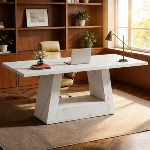 English Elm Spacious Faux Marble Executive Office Desk with Trapezoidal Legs for Modern Workspaces T3971P449349