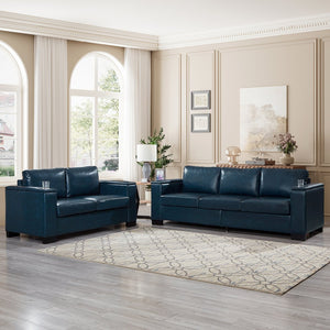 English Elm Two Two-Piece 5-Seater Sofa Set with Cup Holder & Storage, Polyester Upholstery, Solid Wood Frame, Coil Spring Seats, Removable Covers, Modern Square Arm Design for Living Room Comfort and Durability Navy Blue W1097S00204