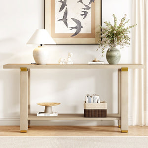 English Elm U_Style 62.9" Modern Minimalist Console Table - Solid Wood With Metal Accents & Open Shelf Storage N711P289140O-GIGA