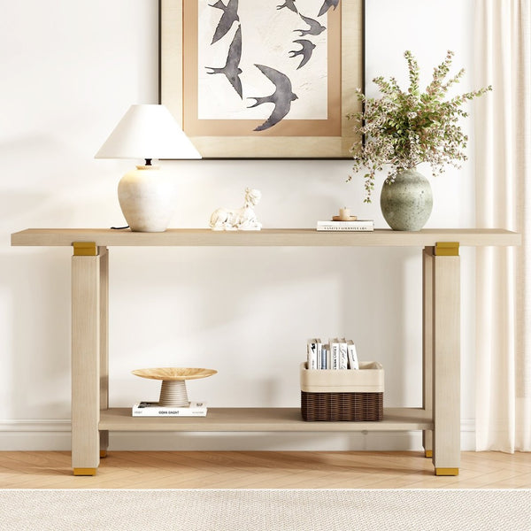 English Elm U_Style 62.9" Modern Minimalist Console Table - Solid Wood With Metal Accents & Open Shelf Storage N711P289140O-GIGA